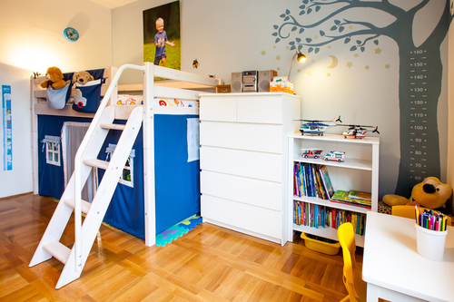 Boy room with house playground and tree with lost of toys