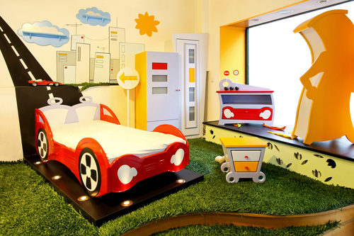 Interior of colorful boy room with race theme